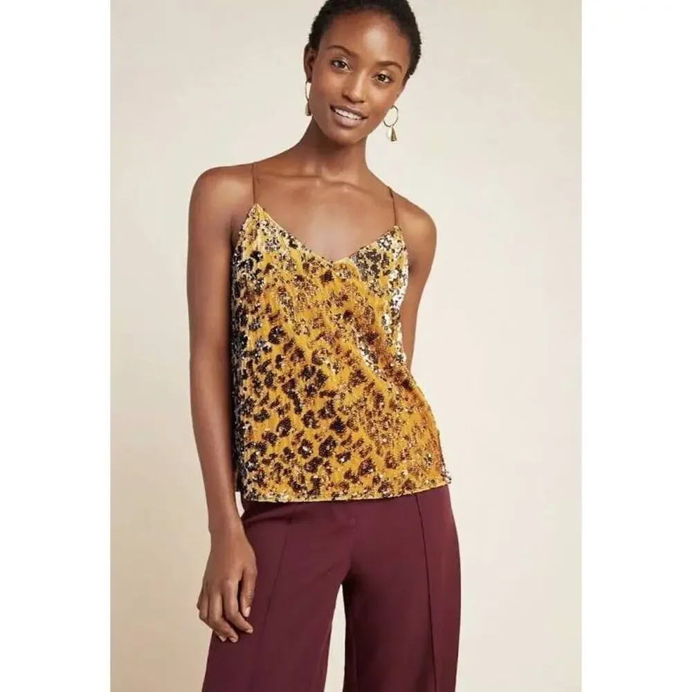 Anthropologie Esther Top Sequin Velvet Leopard Tank NWT XS Boho Blouse Shirt Y2K - Picture 1 of 5